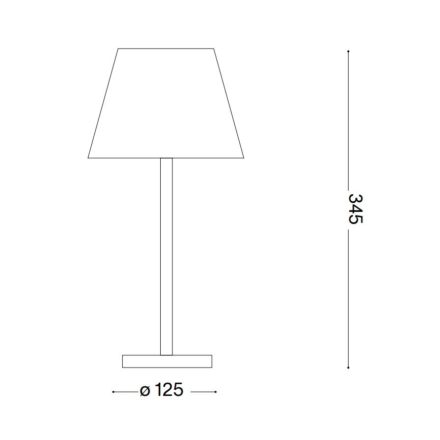 Stolová lampa s štvorcovým tienidlom stojí na štvorcovej podstavci. Výška lampy je 345 mm, priemer podstavca 125 mm.