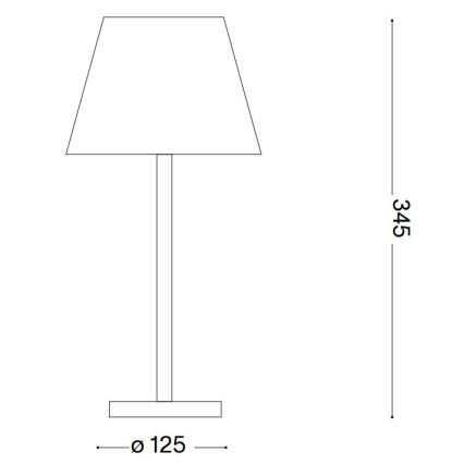 Stolová lampa s štvorcovým tienidlom stojí na štvorcovej podstave. Výška lampy je 345 mm, priemer podstavy 125 mm.