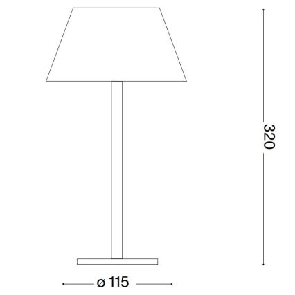 Stolná lampa s hranatým tienidlom stojí na štvorcovej podstavci. Výška lampy je 320 mm, priemer podstavca 115 mm.