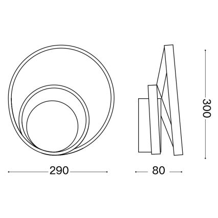 Nástenna lampa s kruhovým tvarom, zložená z troch prekrývajúcich sa kruhov, má rozmery 290 mm na šírku a 80 mm na výšku. Bočný pohľad ukazuje jej hĺbku 300 mm.