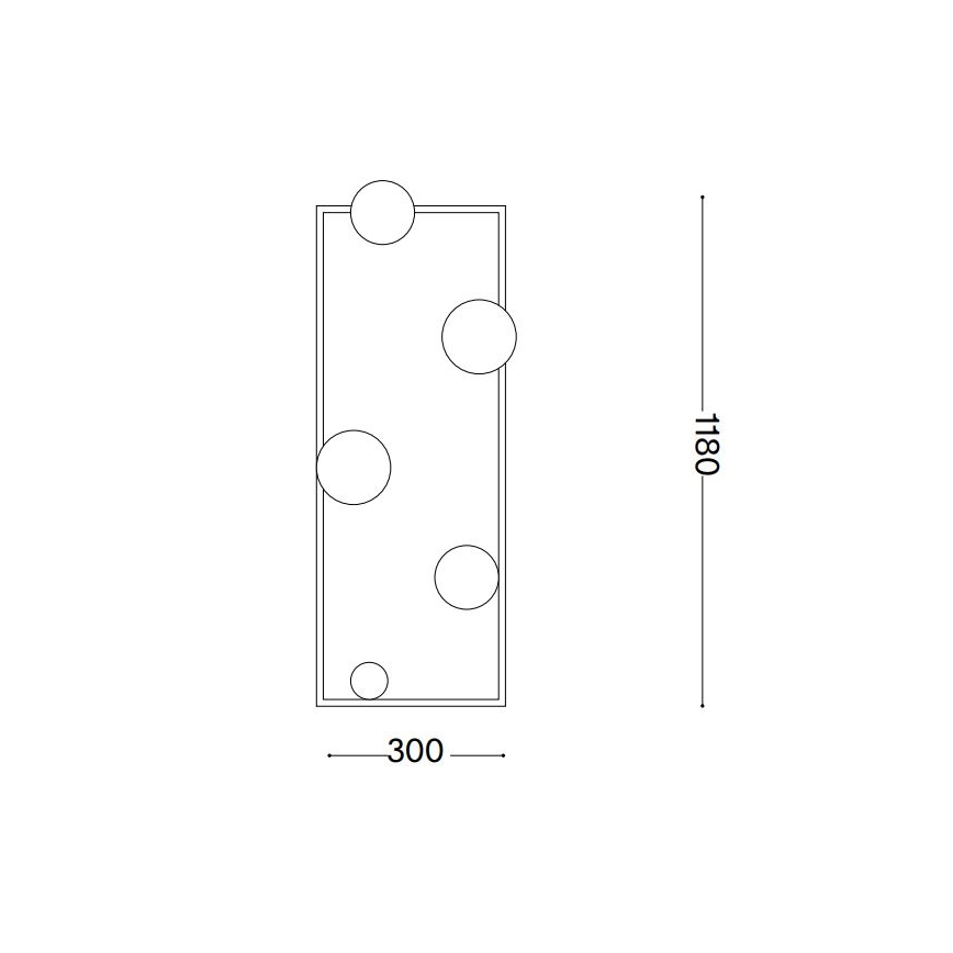 Svietidlo s piatimi guľovými svietidlami je umiestnené v obdĺžnikovom ráme. Rozmery: 300 x 1180 mm.