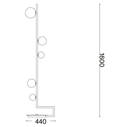 Stojacia lampa s piatimi guľatými tienidlami pripevnenými na vysokom vertikálnom rameni s horizontálnym podstavcom. Rozmery: výška 1600 mm, šírka podstavca 440 mm.