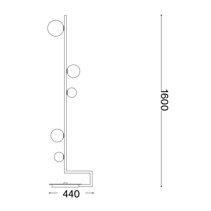 Stojacia lampa s piatimi guľatými tienidlami pripevnenými na vysokom vertikálnom rameni s horizontálnym podstavcom. Rozmery: výška 1600 mm, šírka podstavca 440 mm.