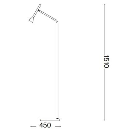 Stojacia lampa s výškou 1510 mm a šírkou základne 450 mm. Lampa má jednoduchý, rovný dizajn s ramenom smerujúcim hore a dopredu, zakončeným kužeľovitým tienidlom.