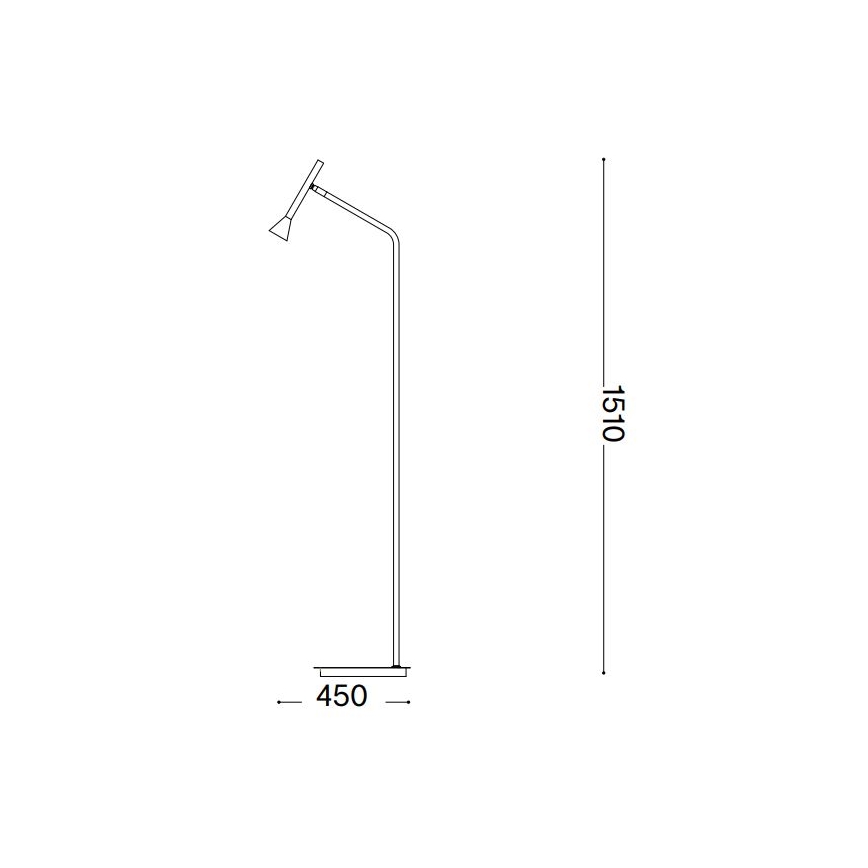 Stojacia lampa s výškou 1510 mm a šírkou základne 450 mm. Lampa má jednoduchý, rovný dizajn s ramenom smerujúcim hore a dopredu, zakončeným kužeľovitým tienidlom.