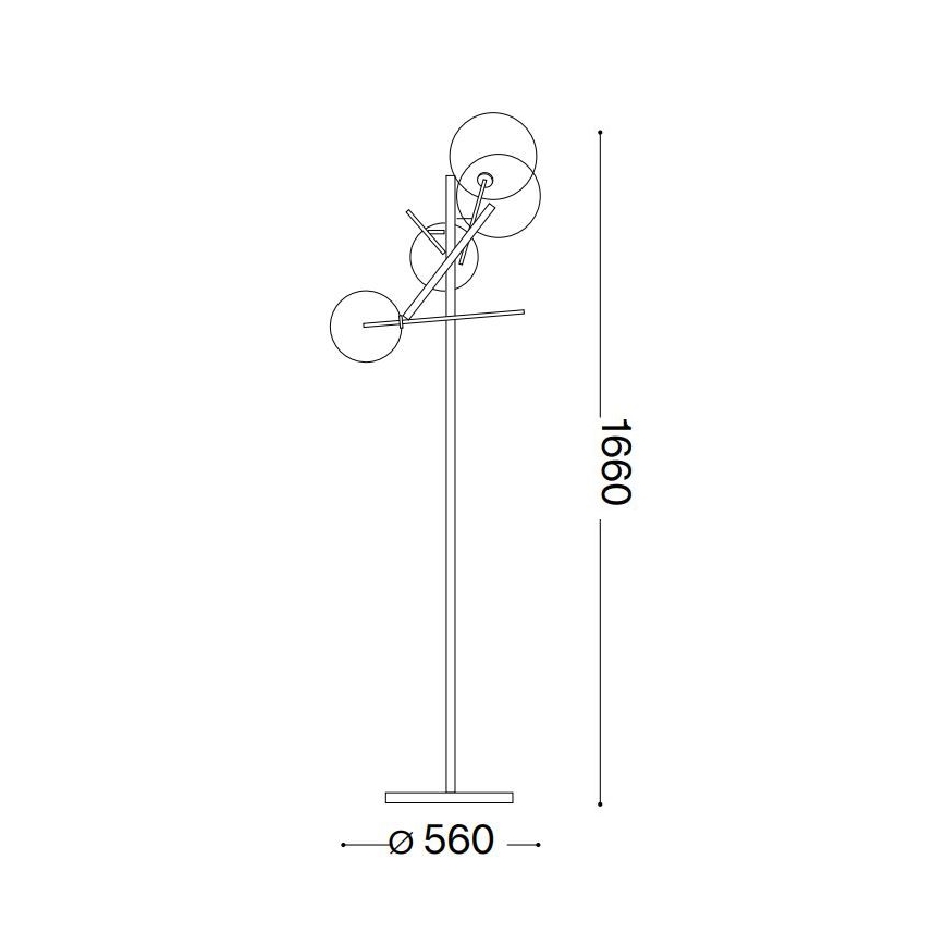 Stojacia lampa s tromi guľatými tienidlami na výške 1660 mm, s priemerom základne 560 mm. Tienidlá sú upevnené na tenkých ramenách pripojených k stredovému stĺpu.