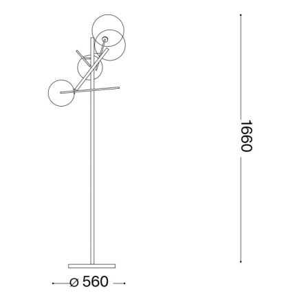 Stojacia lampa s tromi guľatými tienidlami na tenkých ramenách, umiestnená na vysokej kovovej nohe s rozmermi 560 x 1660 mm.