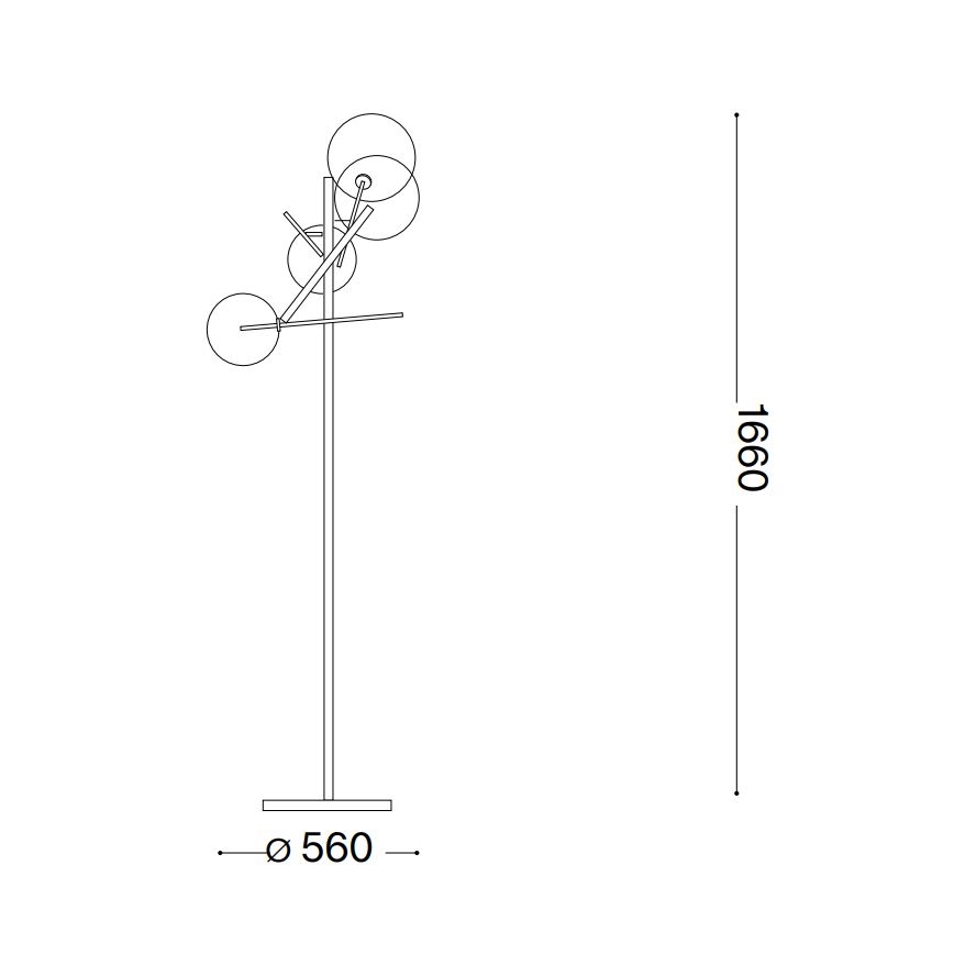 Stojacia lampa s tromi guľatými tienidlami na tenkých ramenách, umiestnená na vysokej kovovej nohe s rozmermi 560 x 1660 mm.