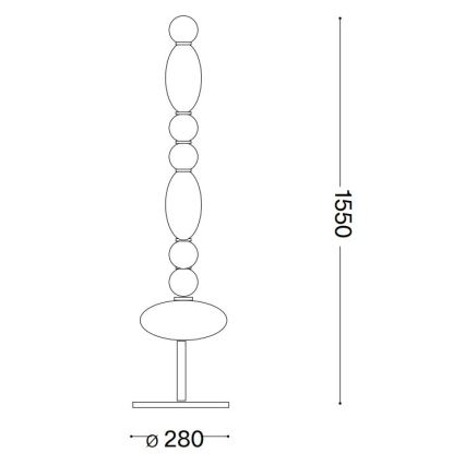 Stojacia lampa, zložená z guľatých a oválnych sklenených prvkov, stojí na štvorcovej základni. Výška lampy je 1550 mm, priemer základne 280 mm.