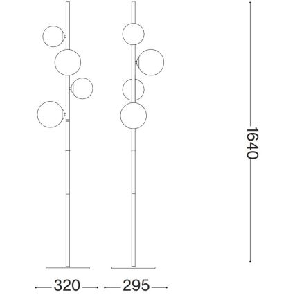 Stojacia lampa s piatimi guľatými tienidlami na kovovej tyči s rozmermi 1640 mm (výška), 320 mm a 295 mm (šírka základne). Lampa stojí na štvorcovej podstavci.