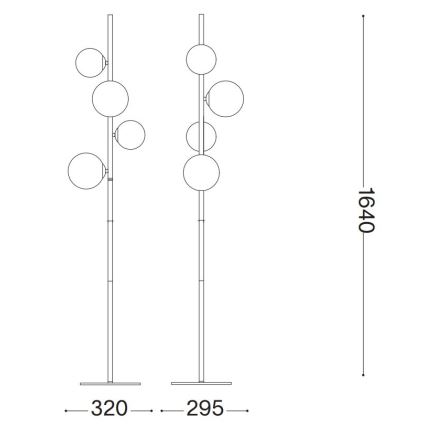 Stojacia lampa s piatimi guľovitými tienidlami na vysokej tyči. Rozmery základne: 295 a 320 mm, výška: 1640 mm.