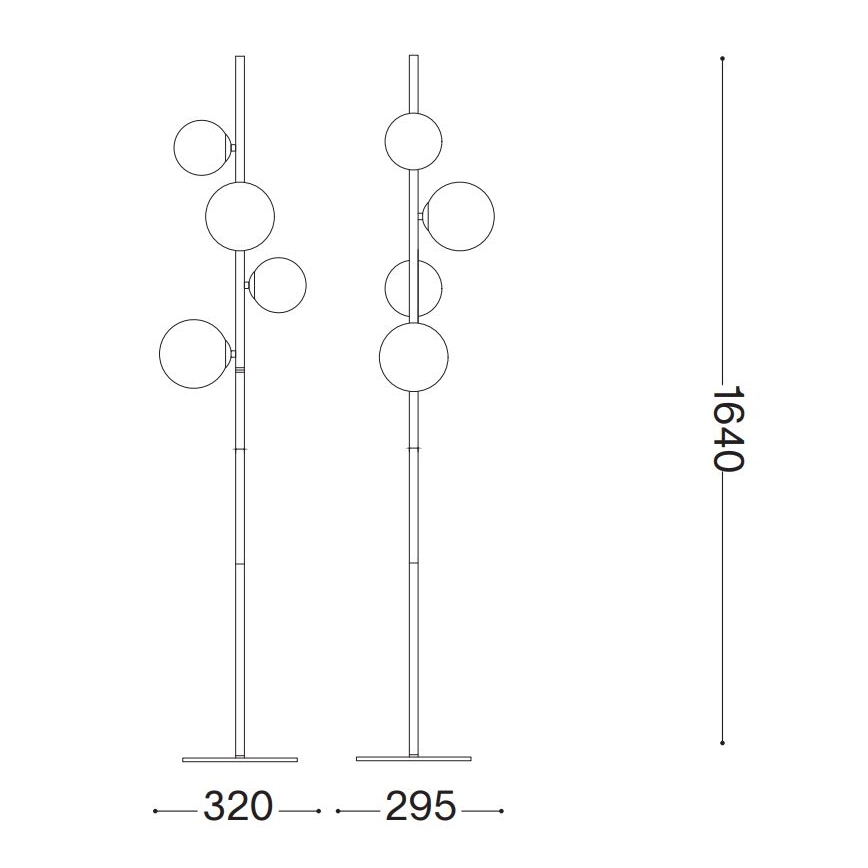 Stojacia lampa s piatimi guľovitými tienidlami na vysokej tyči. Rozmery základne: 295 a 320 mm, výška: 1640 mm.