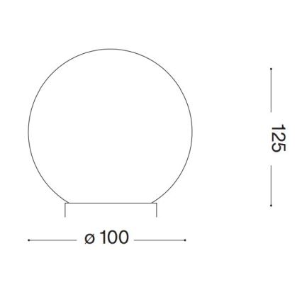 Guľatá lampa s priemerom 100 cm a výškou 125 cm je zobrazená v čelnom pohľade s jednoduchým podstavcom.