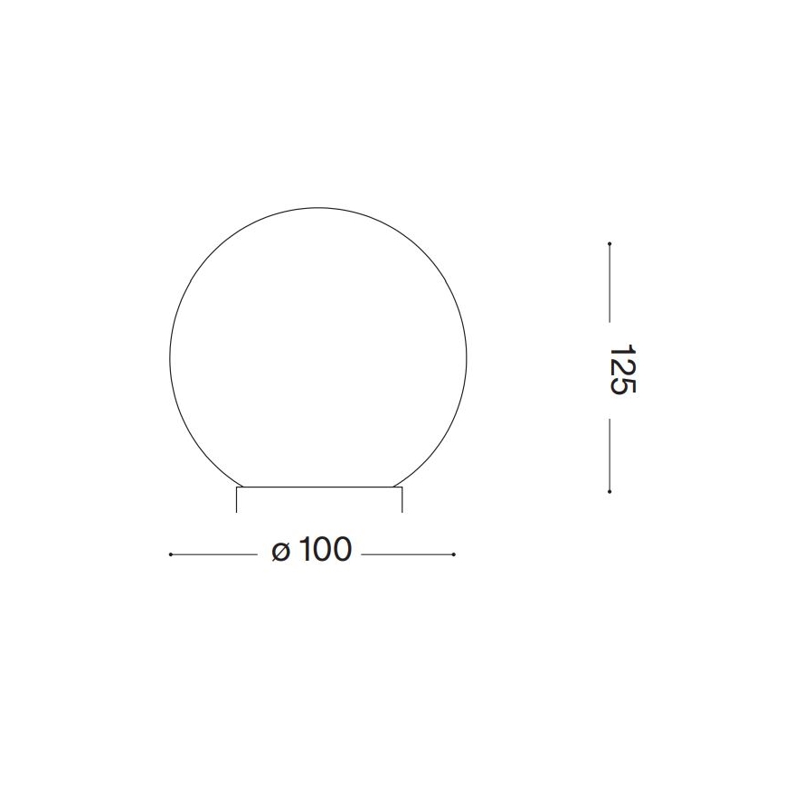 Guľatá lampa s priemerom 100 cm a výškou 125 cm je zobrazená v čelnom pohľade s jednoduchým podstavcom.