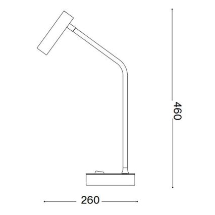 Stolová lampa s ohnutým ramenom a obdĺžnikovou hlavou svieti. Má spínač na základni. Výška 460 mm, šírka základne 260 mm.