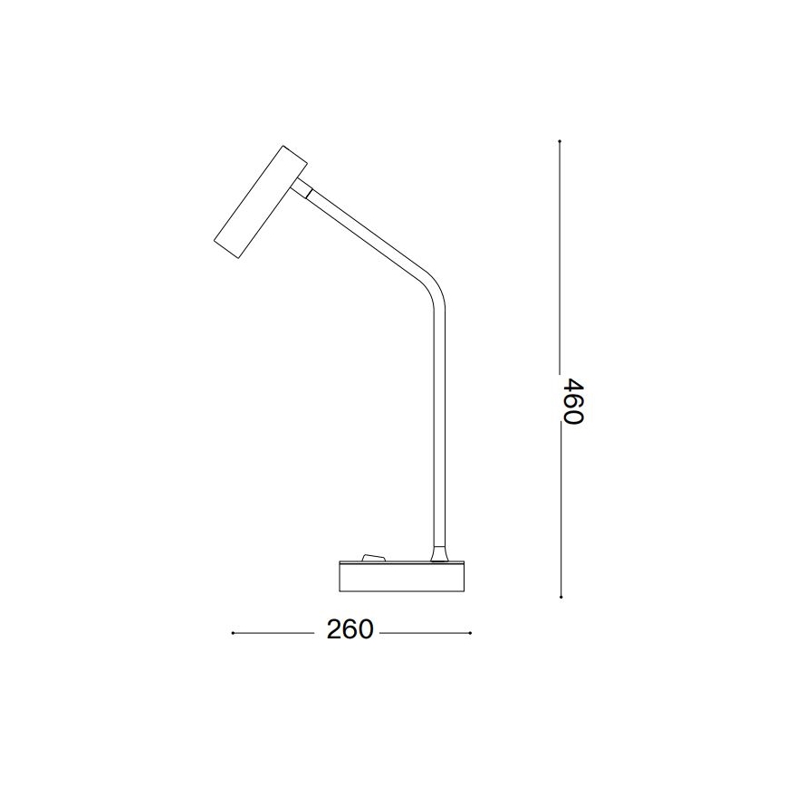 Stolová lampa s ohnutým ramenom a obdĺžnikovou hlavou svieti. Má spínač na základni. Výška 460 mm, šírka základne 260 mm.