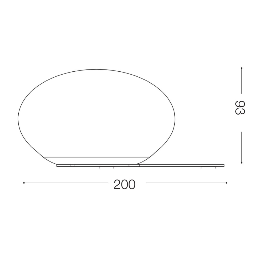 Technický výkres zobrazuje oválny tvar s pripojenou plochou podložkou. Výška je 93, šírka 200. Je to pravdepodobne návrh svietidla alebo podobného predmetu.