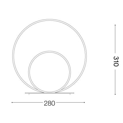 Technický výkres zobrazuje lampu s dvoma prekrývajúcimi sa kruhmi na štvorcovej podstave. Výška 310 mm, šírka 280 mm.