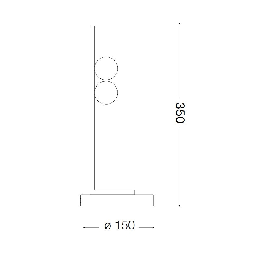 Technický nákres stojacej lampy s dvoma guľovými tienidlami pripevnenými k vertikálnej tyči, stojacej na štvorcovej základni. Výška lampy je 350 mm, šírka základne 150 mm.