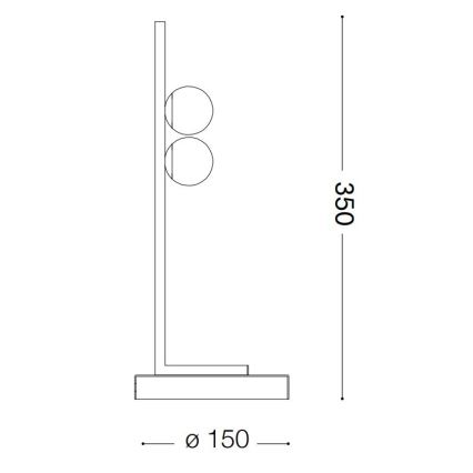 Technický nákres stojacej lampy s dvoma guľovými svietidlami umiestnenými na vertikálnej tyči, ktorá je zasadená do štvorcovej základne. Rozmery: výška 350, šírka základne ø 150.
