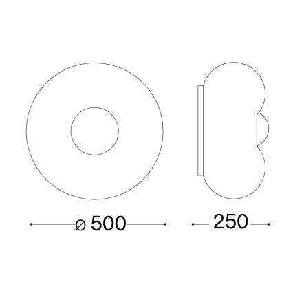 Technický výkres zobrazuje nástenné svietidlo. Svietidlo má okrúhly a oválny tvar s priemerom 500 mm a šírkou 250 mm. Je znázornené v čelnom a bočnom pohľade.