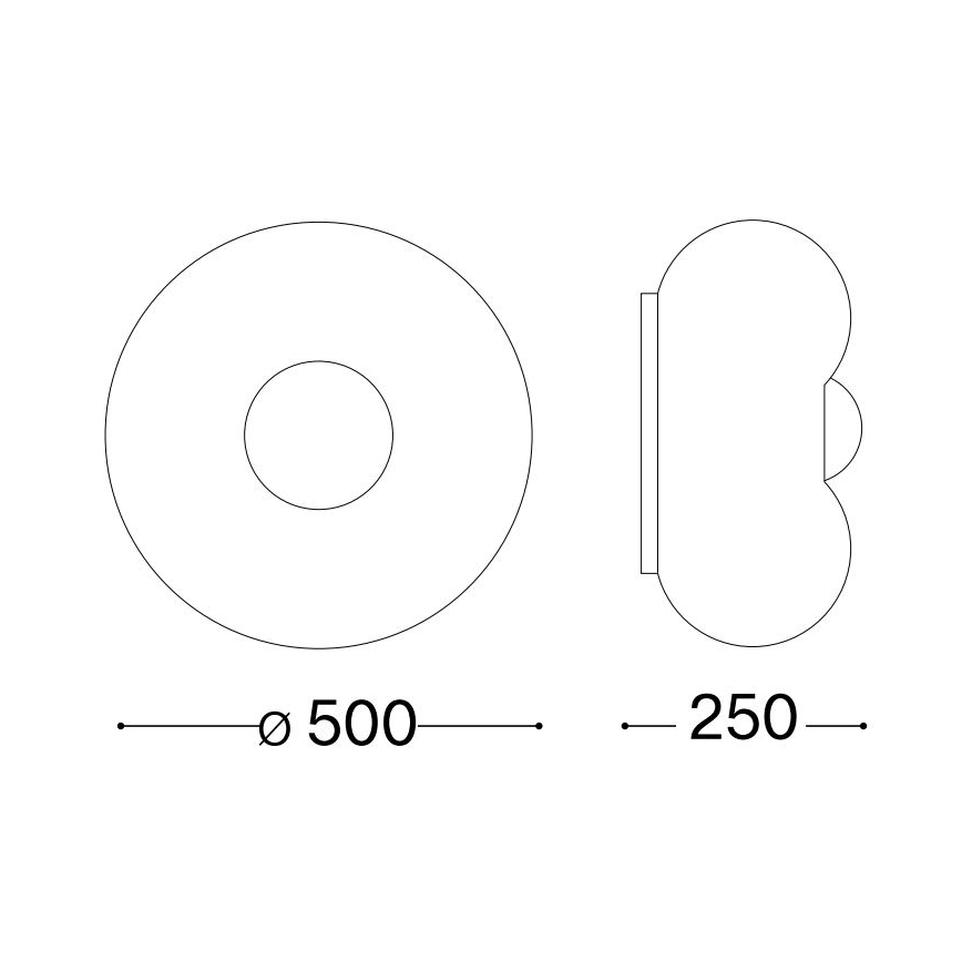 Technický výkres zobrazuje nástenné svietidlo. Svietidlo má okrúhly a oválny tvar s priemerom 500 mm a šírkou 250 mm. Je znázornené v čelnom a bočnom pohľade.