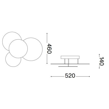 Technický výkres stropného svietidla. Svietidlo pozostáva zo štyroch prekrývajúcich sa kruhových prvkov. Rozmery: výška 460 mm, šírka 520 mm, hĺbka 140 mm.