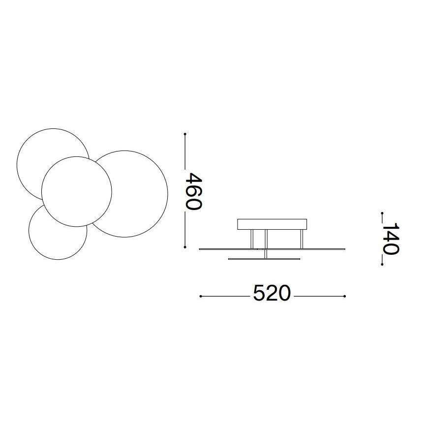 Technický výkres stropného svietidla. Svietidlo pozostáva zo štyroch prekrývajúcich sa kruhových prvkov. Rozmery: výška 460 mm, šírka 520 mm, hĺbka 140 mm.