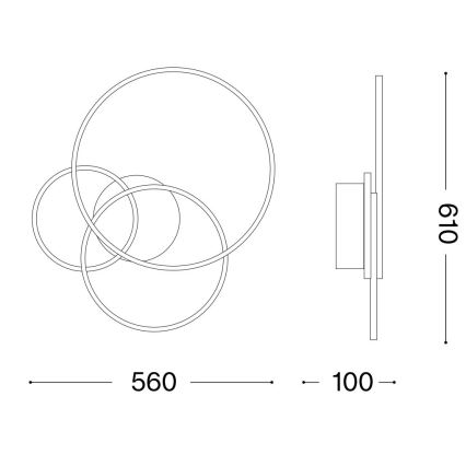 Nástené svietidlo s tromi prepletenými kruhmi svieti. Rozmery: 560 mm šírka, 100 mm hĺbka, 190 mm výška.