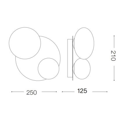 Nástené svietidlo s tromi guľovými tienidlami sa montuje na stenu. Šírka je 250 mm, výška 210 mm, hĺbka 125 mm.