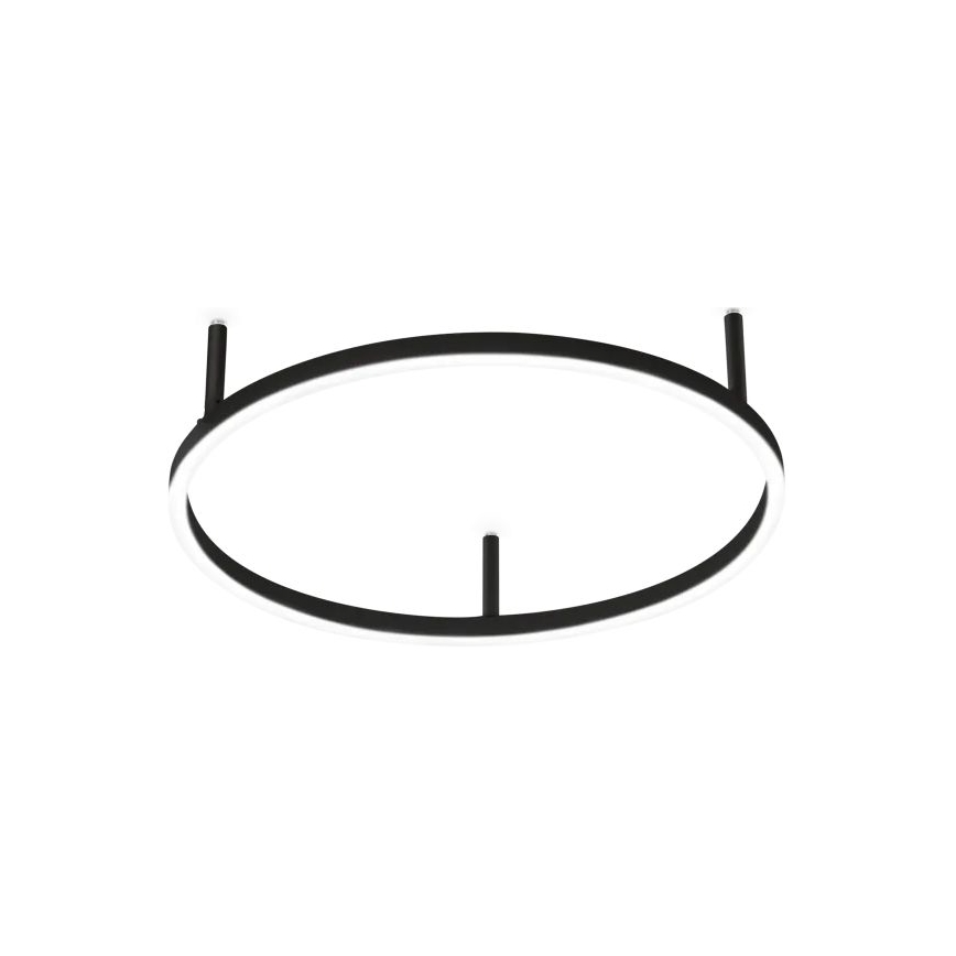 Kruhové stropné svietidlo s vnútorným bielym osvetlením je zavesené na troch tenkých čiernych tyčkách. Svietidlo je čiernej farby.