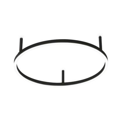 Okrúhle stropné svietidlo s čiernym rámom a vnútorným podsvietením. Tri tenké čierne tyče ho upevňujú k stropu. Svietidlo je umiestnené proti bielemu pozadiu.