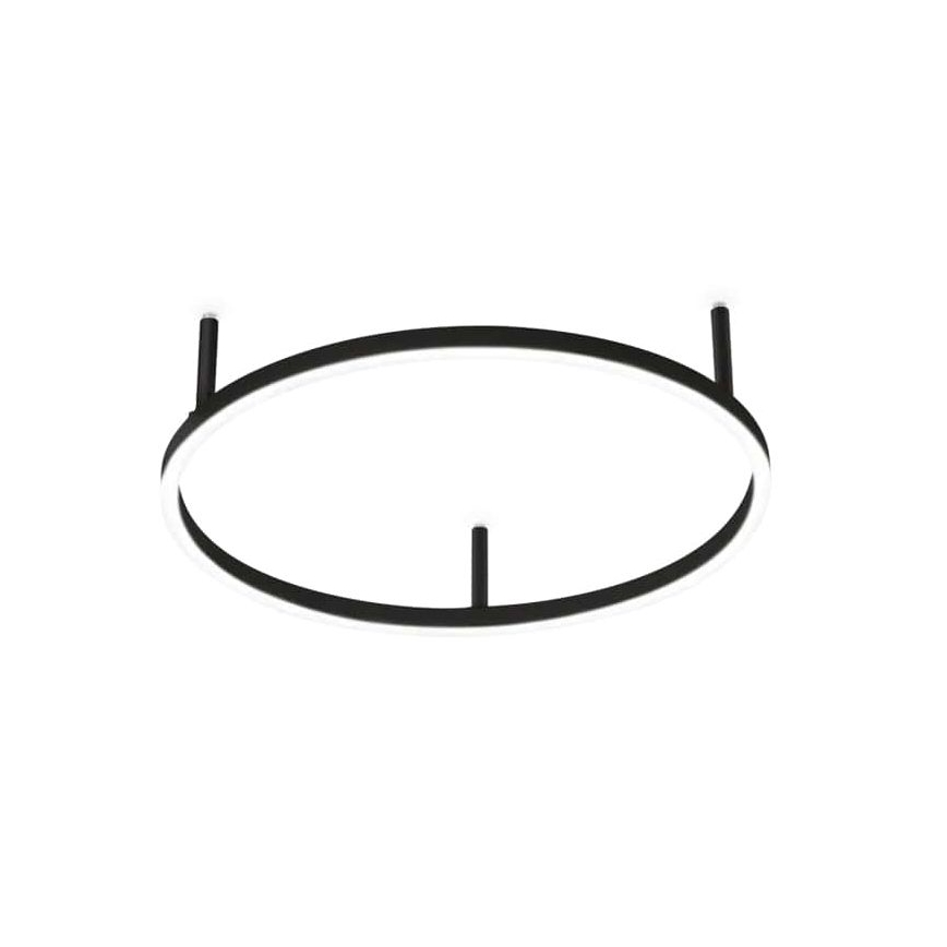 Okrúhle stropné svietidlo s čiernym rámom a vnútorným podsvietením. Tri tenké čierne tyče ho upevňujú k stropu. Svietidlo je umiestnené proti bielemu pozadiu.