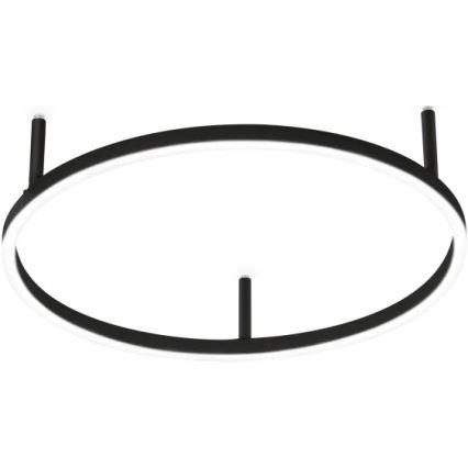 Okrúhle stropné svietidlo s čiernym rámom a vnútorným bielym difúzorom je zavesené na troch čiernych tyčiach. Svietidlo je osvetlené.