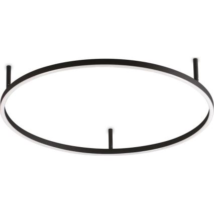 Oválny stropný svietidlo s čiernym rámom a vnútorným LED osvetlením je pripevnené k stropu štyrmi krátkymi čiernymi tyčkami.