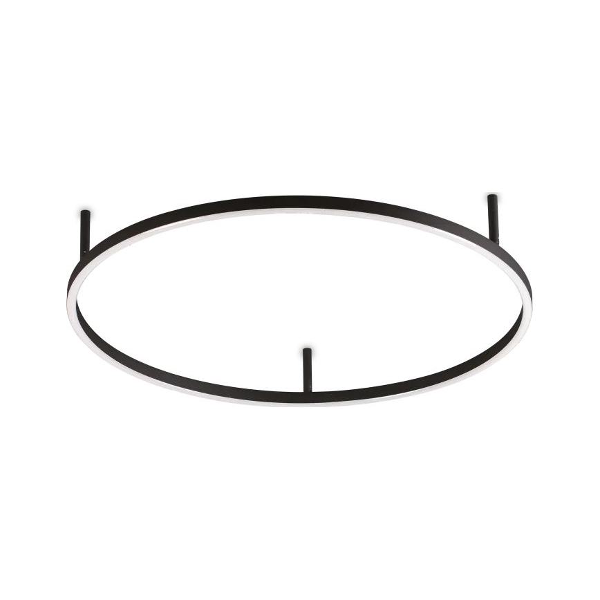 Oválny stropný svietidlo s čiernym rámom a vnútorným LED osvetlením je pripevnené k stropu štyrmi krátkymi čiernymi tyčkami.