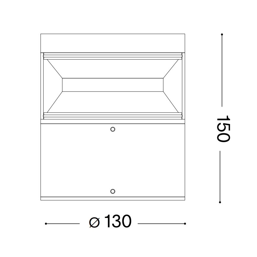 Nástené svietidlo s obdĺžnikovým difúzorom, s rozmermi 130 mm x 150 mm, je zobrazené v čelnom pohľade. Svietidlo má dva otvory.