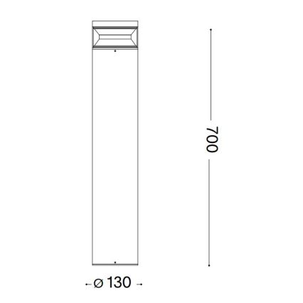 Technický výkres zobrazuje vonkajšie stojanové svietidlo. Svietidlo je vysoké 700 mm a má priemer základne 130 mm. Má obdĺžnikový svetelný zdroj na vrchu štíhleho stĺpika.