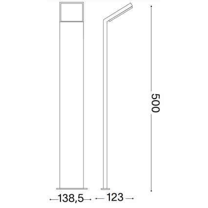 Stojacia lampa s rozmermi 138,5 a 123 cm v základni a 500 cm na výšku, s priamym stĺpikom a výklopnou hlavicou. Je znázornená v technickom výkrese.