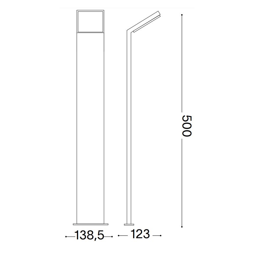 Stojacia lampa s rozmermi 138,5 a 123 cm v základni a 500 cm na výšku, s priamym stĺpikom a výklopnou hlavicou. Je znázornená v technickom výkrese.