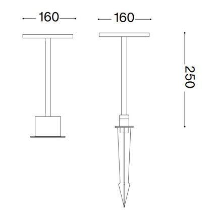 Dve vonkajšie svietidlá; jedno s hranolovou základňou, druhé so špicatým hrotom na zapichnutie do zeme. Obe majú rovnakú hornú časť s rozmermi 160 x 160 mm a celkovú výšku 250 mm.