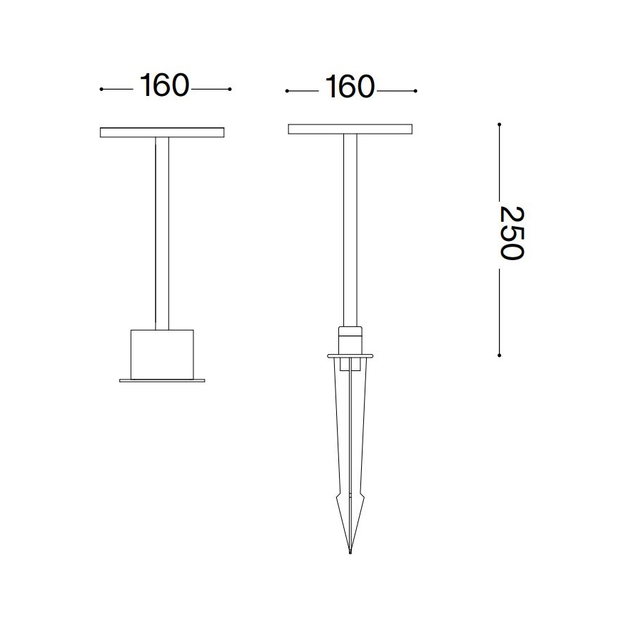 Dve vonkajšie svietidlá; jedno s hranolovou základňou, druhé so špicatým hrotom na zapichnutie do zeme. Obe majú rovnakú hornú časť s rozmermi 160 x 160 mm a celkovú výšku 250 mm.