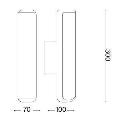 Technický výkres nástennej lampy s rozmermi 70 x 100 x 300 mm. Ukazuje bočný a čelný pohľad.