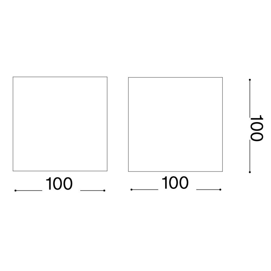 Dve štvorcové plochy s rozmermi 100 x 100 sú umiestnené vedľa seba. Vertikálny rozmer pravého štvorca je tiež 100.