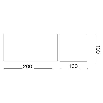 Dva obdĺžniky znázorňujúce rozmery. Väčší má rozmery 200 x 100, menší 100 x 100. Jednotky nie sú uvedené.
