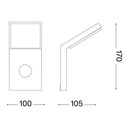 Svietidlo s uhlovo ohnutým ramenom a štvorcovou základňou s otvorom. Rozmery: 100 x 105 x 170 mm.
