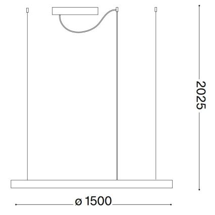 Technický výkres zobrazuje stropné svietidlo s tromi zavesenými svetlami a horným doplnkovým zdrojom svetla. Svietidlo má rozmery 1500 mm x 2025 mm.
