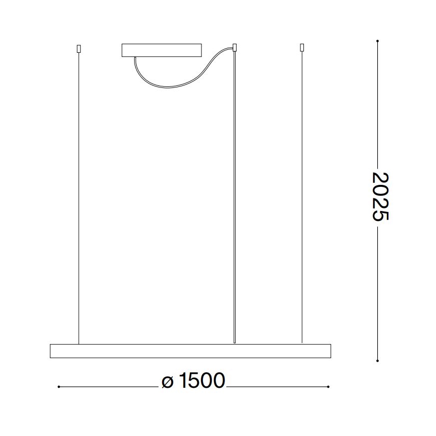 Technický výkres zobrazuje stropné svietidlo s tromi zavesenými svetlami a horným doplnkovým zdrojom svetla. Svietidlo má rozmery 1500 mm x 2025 mm.