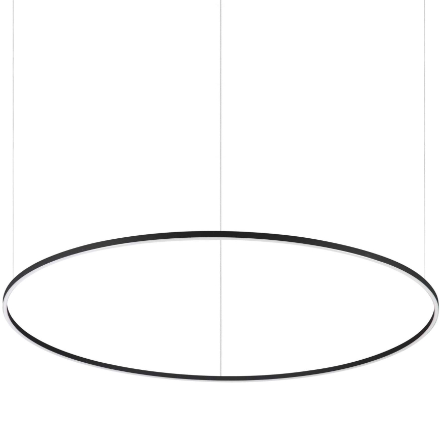 Oválná lampa visí zo stropu. Je čierna a z vnútornej strany jemne presvitá. Pozadie je biele.