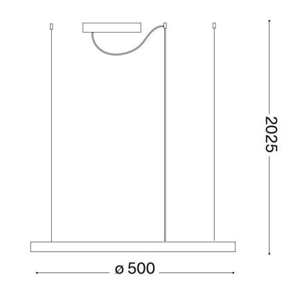 Závesné svietidlo visí zo stropu na troch kábloch. Má obdĺžnikový základ s priemerom 500 mm a výškou 2025 mm. Bočné káble držia vodorovný svetlený zdroj.